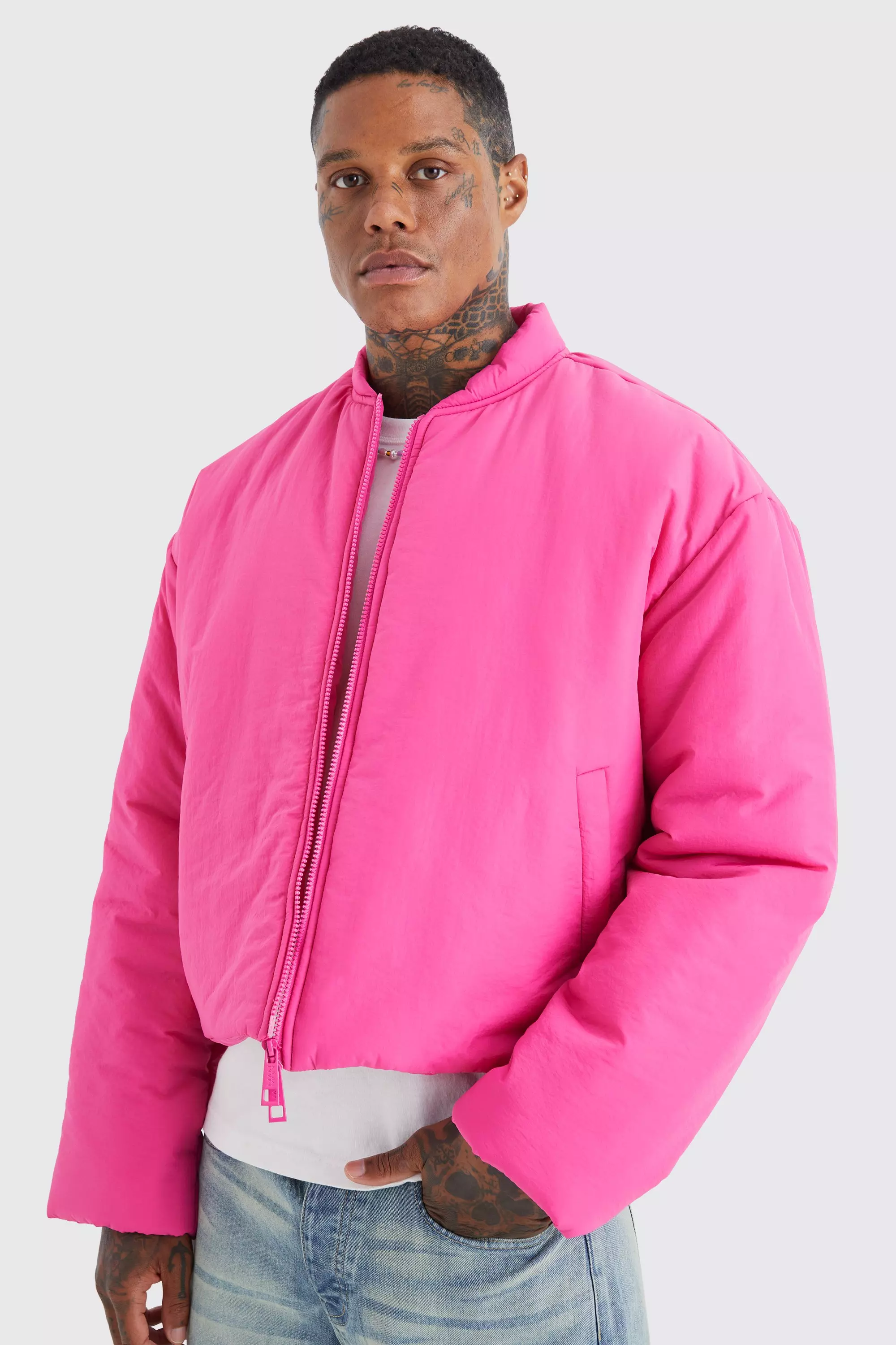 Pink puffer bomber clearance jacket